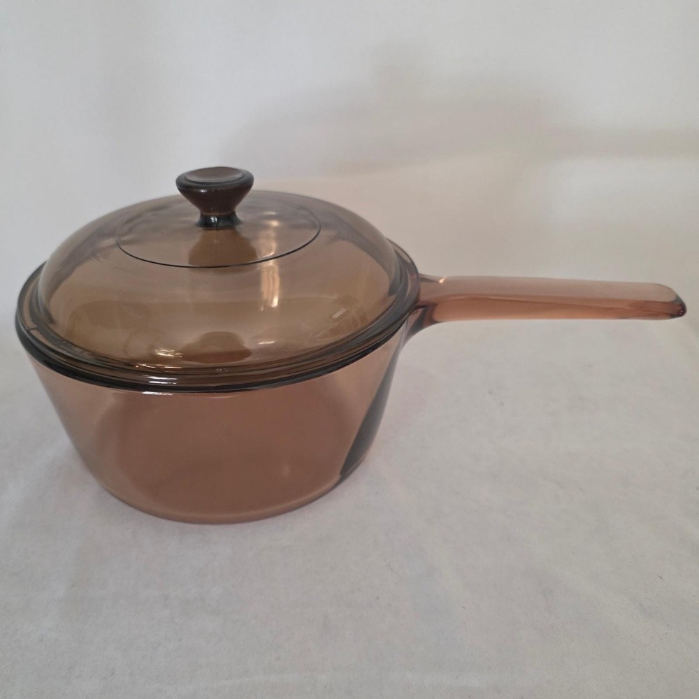 Visions Corning Amber Glass 1.5L Saucepan with Pyrex Lid Made in USA READ